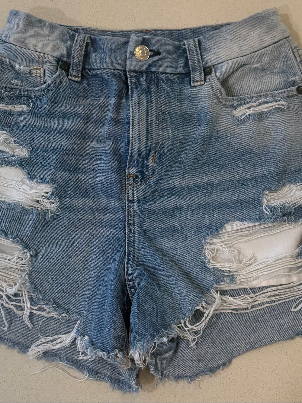 American Eagle Outfitters Distressed Light Blue Denim High-Rise Shorts size 0